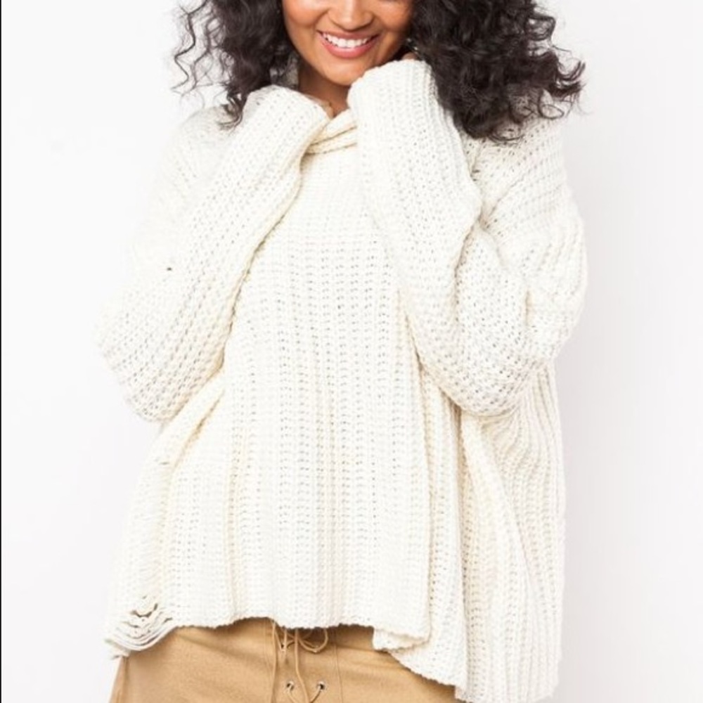 cream white chunky turtleneck sweater distressed